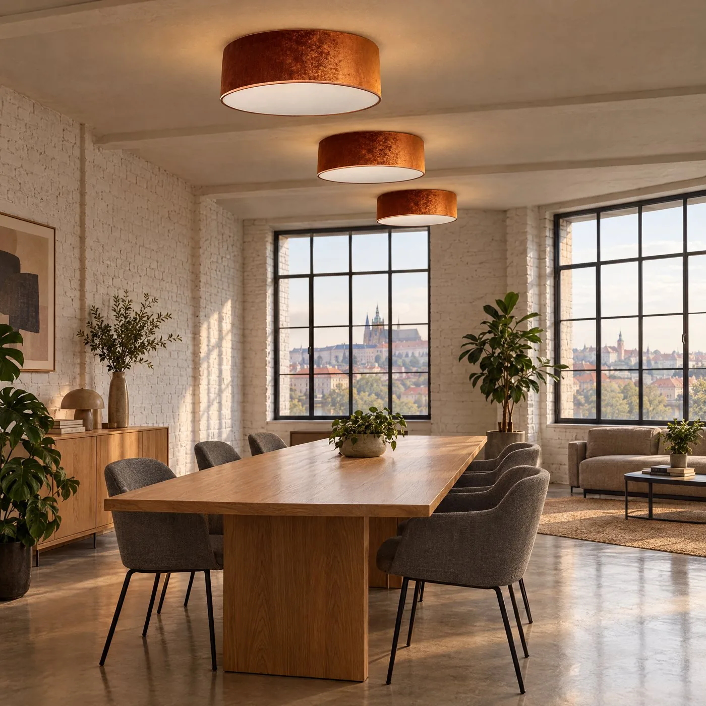 Meeting room with three copper velvet ceiling lights
